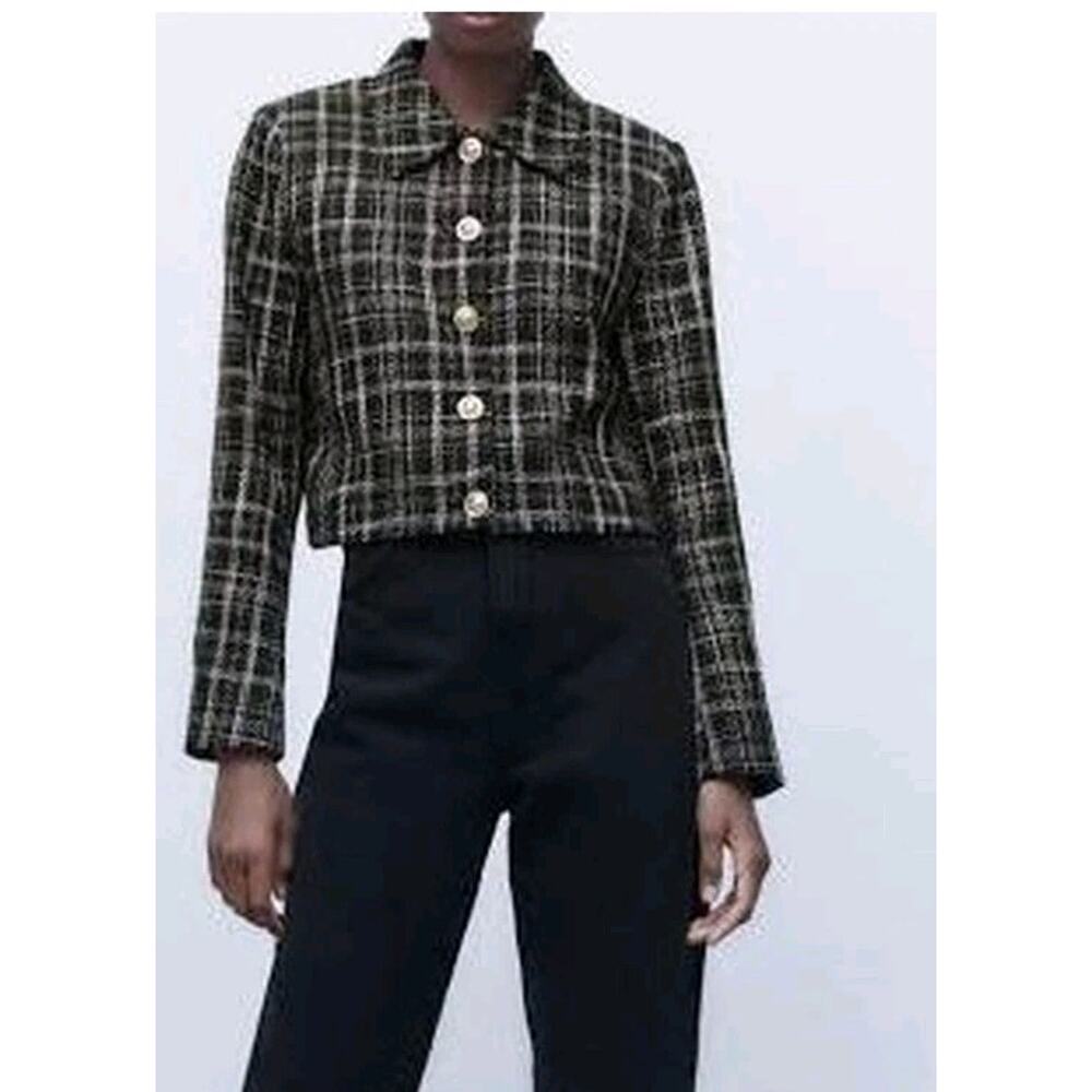 ZARA Tartan Tweed Plaid Gold Button Blazer Jacket BLOGGERS FAV Medium